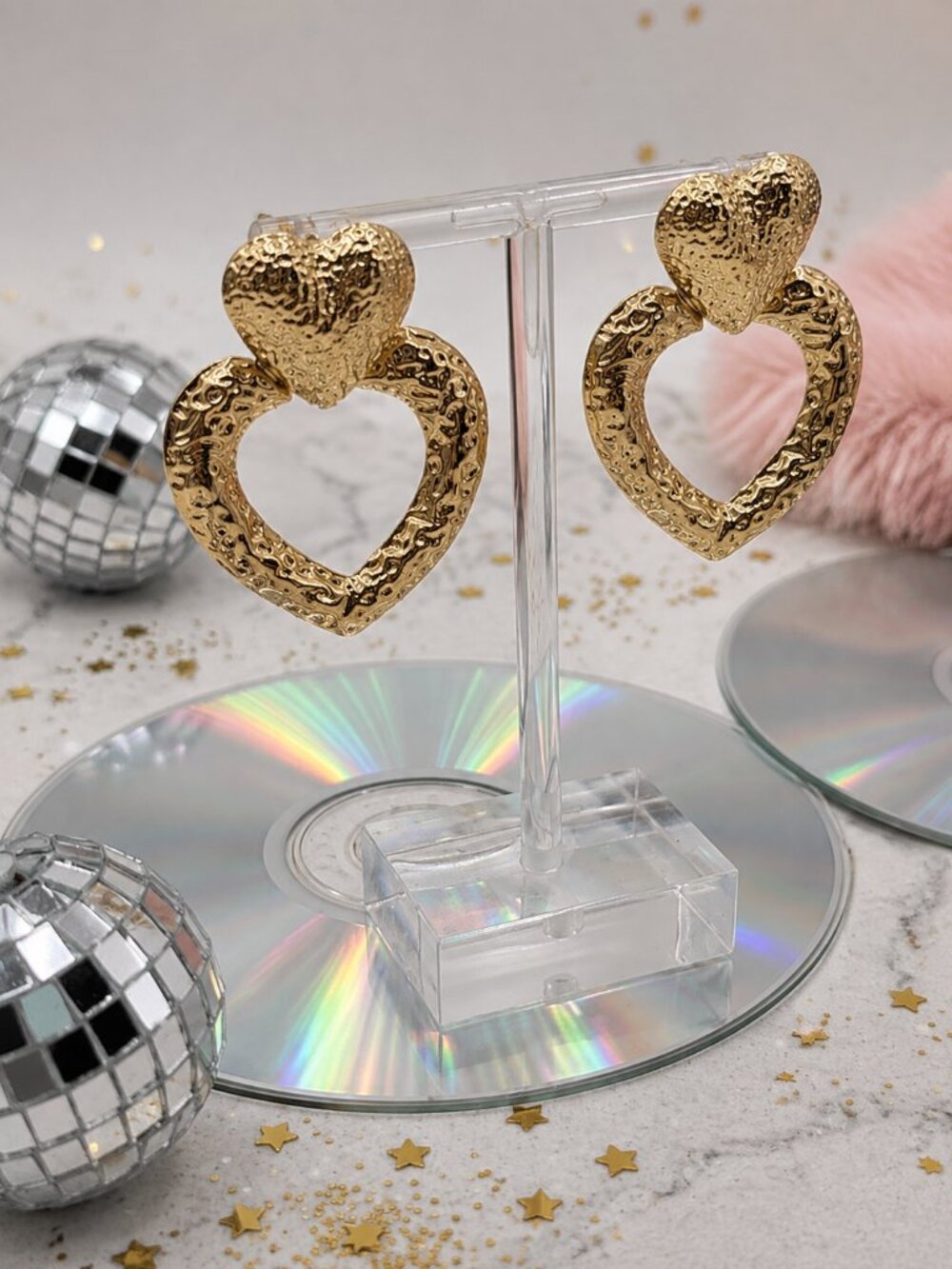 18K Gold Plated Hammered Double Heart Bold Stud Earrings Y2K Maximalist 2" Drop